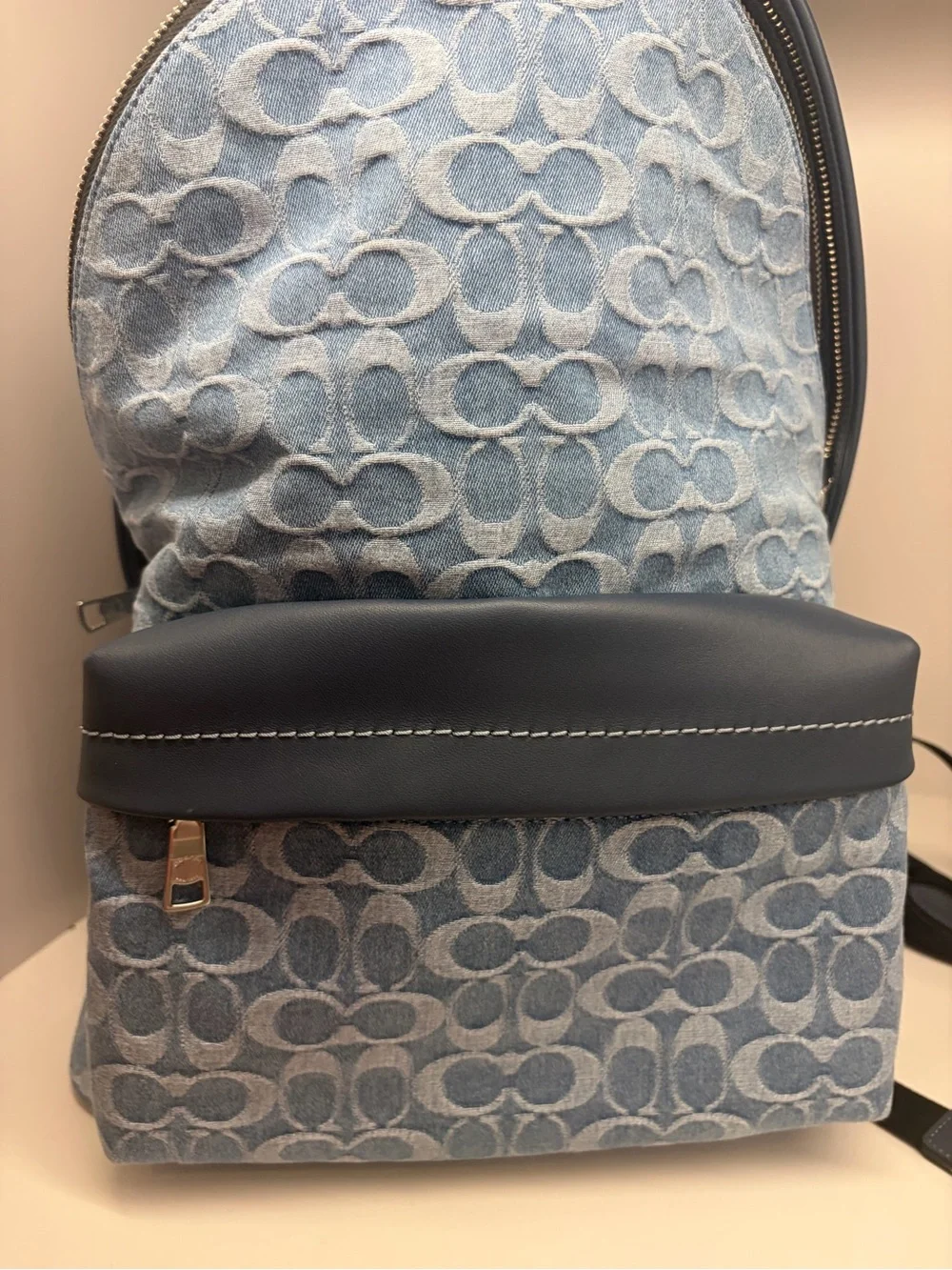 Coach Light Blue denim Signature Jacquard Backpack with Slate Trim blue leather